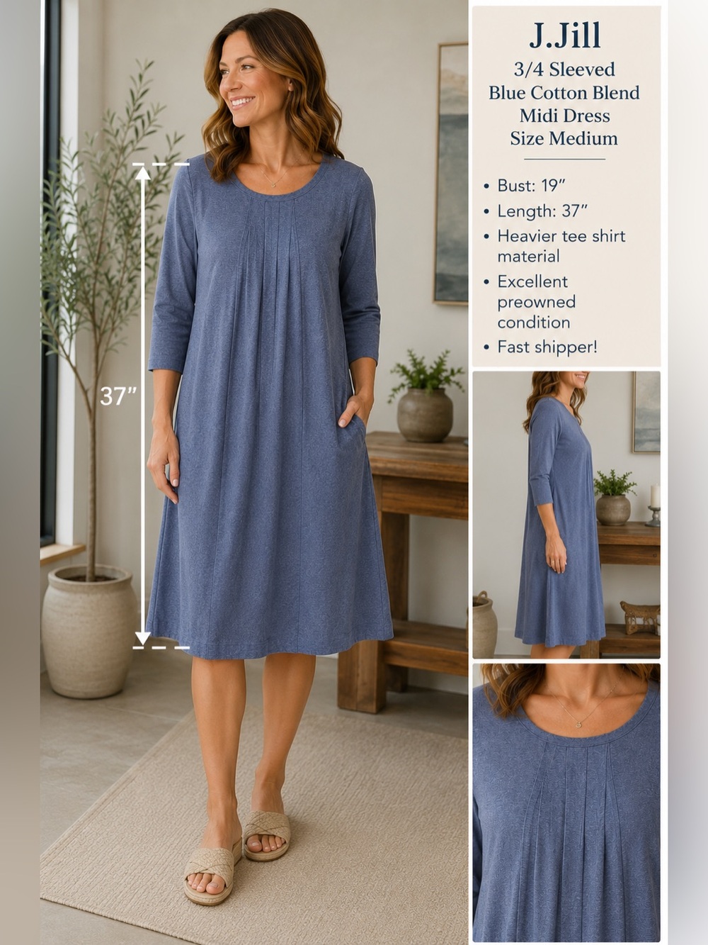 J.Jill 3/4 sleeved blue cotton blend pleated Midi dress size Medium